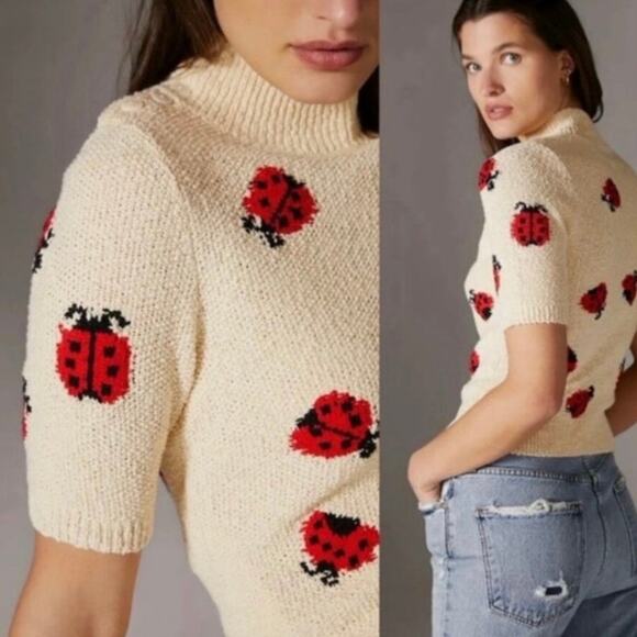Anthropologie Maeve Ladybug Short Puff Sleeve Sweater - Picture 2 of 8